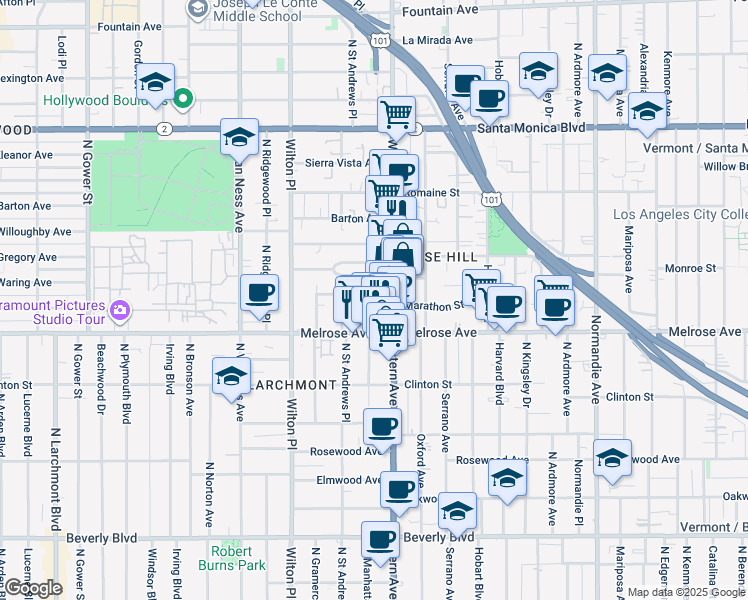 map of restaurants, bars, coffee shops, grocery stores, and more near 743 North Western Avenue in Los Angeles