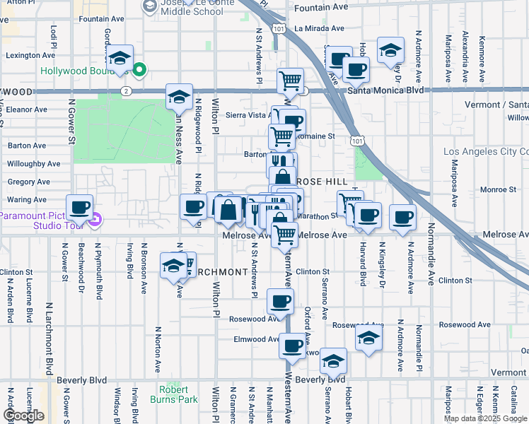 map of restaurants, bars, coffee shops, grocery stores, and more near 740 Saint Andrews Place in Los Angeles