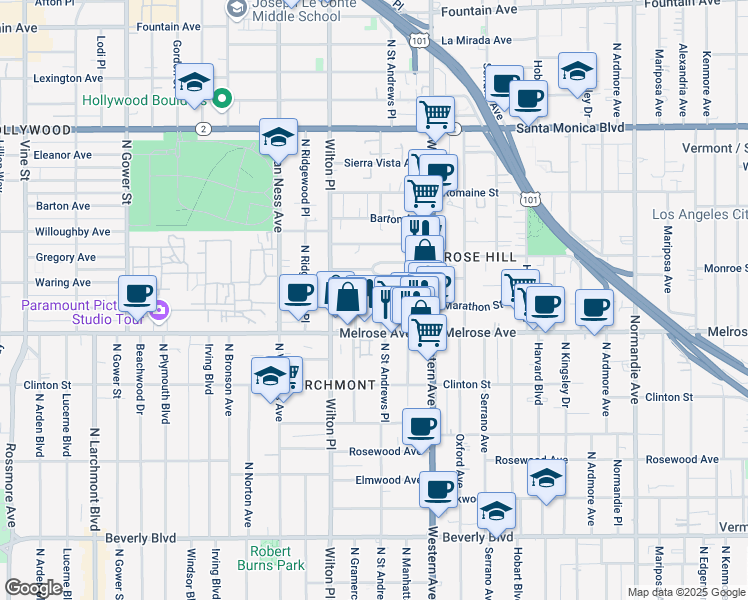 map of restaurants, bars, coffee shops, grocery stores, and more near 740 Saint Andrews Place in Los Angeles