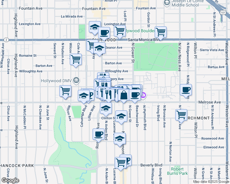 map of restaurants, bars, coffee shops, grocery stores, and more near 5801 Camerford Avenue in Los Angeles