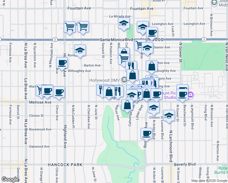 map of restaurants, bars, coffee shops, grocery stores, and more near 733 North Hudson Avenue in Los Angeles