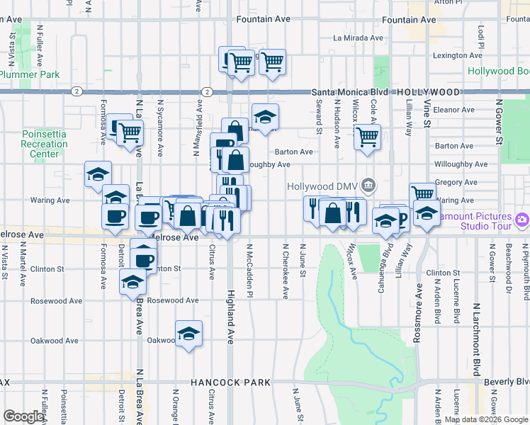 map of restaurants, bars, coffee shops, grocery stores, and more near 733 North Las Palmas Avenue in Los Angeles