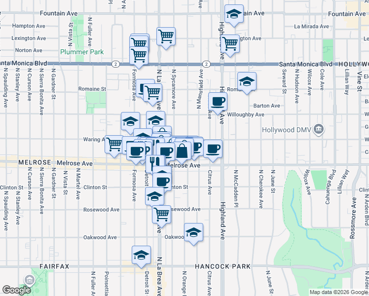 map of restaurants, bars, coffee shops, grocery stores, and more near 732 North Sycamore Avenue in Los Angeles
