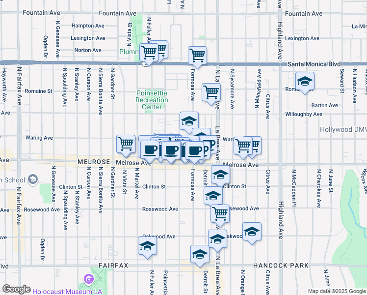 map of restaurants, bars, coffee shops, grocery stores, and more near 732 North Alta Vista Boulevard in West Hollywood