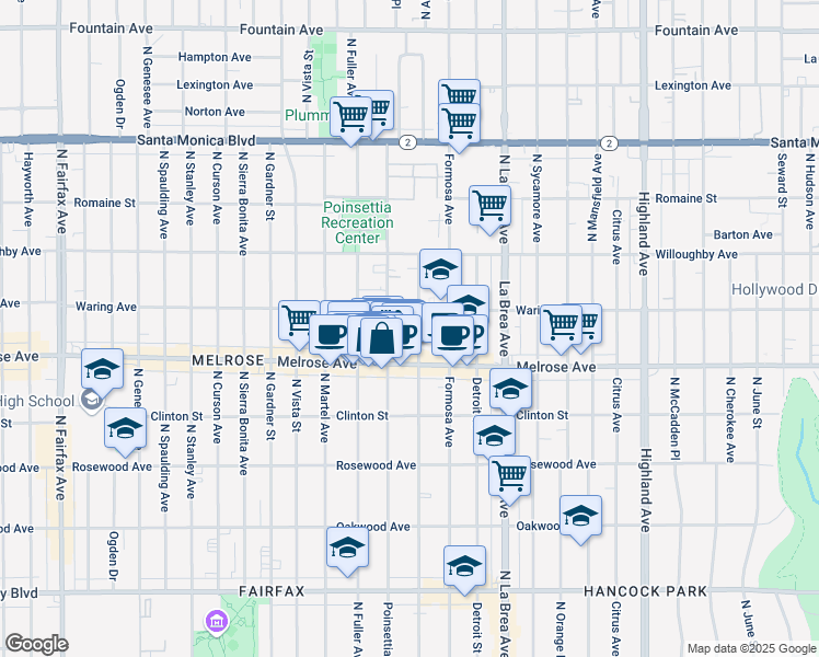 map of restaurants, bars, coffee shops, grocery stores, and more near 726 North Poinsettia Place in Los Angeles