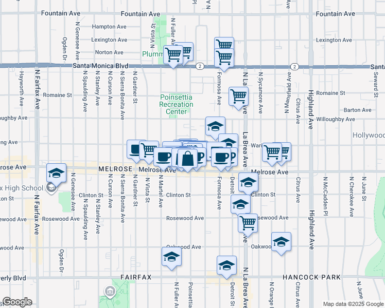 map of restaurants, bars, coffee shops, grocery stores, and more near 726 North Poinsettia Place in Los Angeles