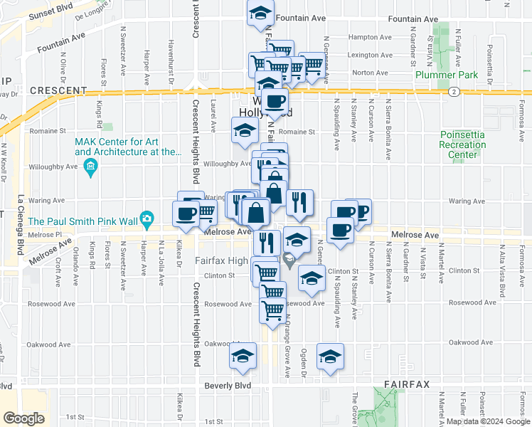 map of restaurants, bars, coffee shops, grocery stores, and more near in Los Angeles