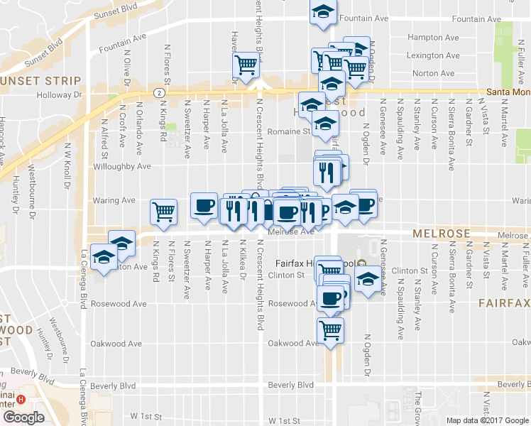 map of restaurants, bars, coffee shops, grocery stores, and more near 730 North Crescent Heights Boulevard in West Hollywood