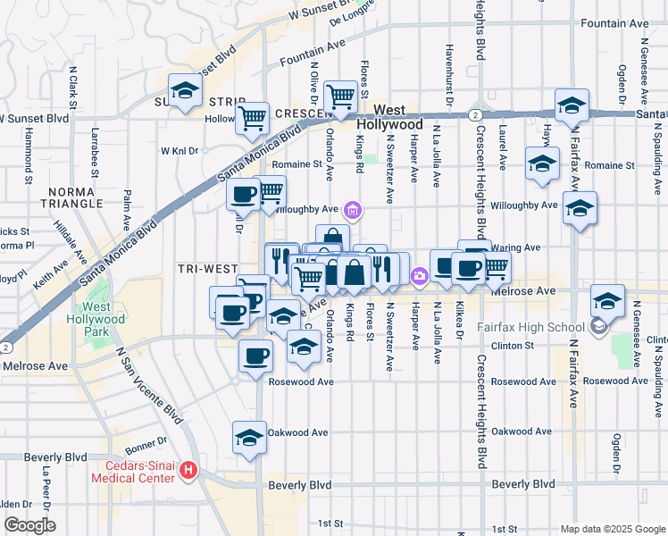 map of restaurants, bars, coffee shops, grocery stores, and more near 732 North Orlando Avenue in Los Angeles