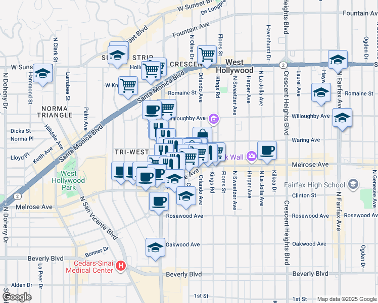 map of restaurants, bars, coffee shops, grocery stores, and more near 730 1/2 North Croft Avenue in West Hollywood
