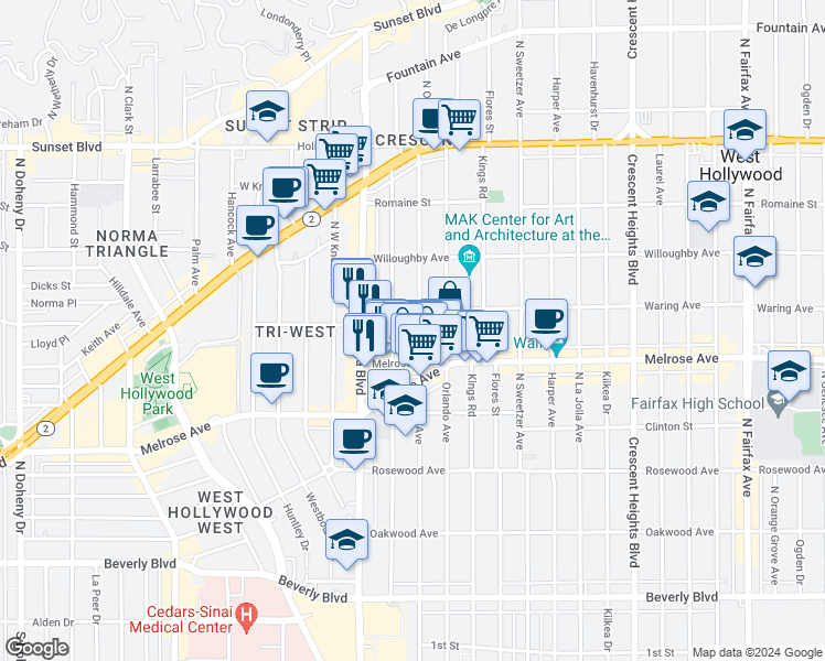 map of restaurants, bars, coffee shops, grocery stores, and more near 730 1/2 North Croft Avenue in West Hollywood