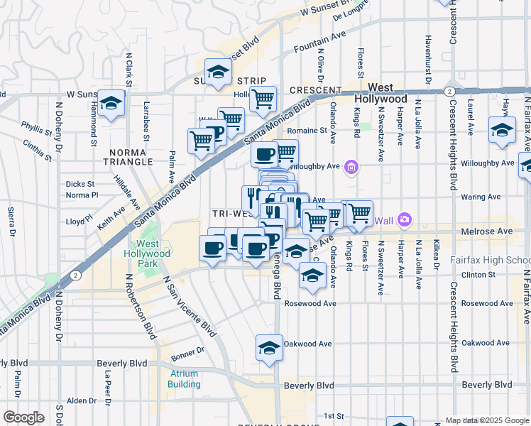 map of restaurants, bars, coffee shops, grocery stores, and more near 8510 Sherwood Drive in Los Angeles