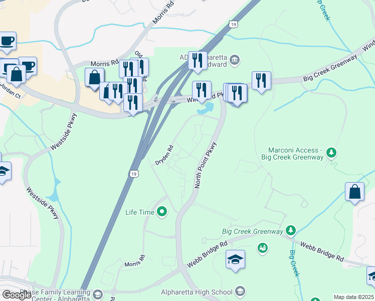 map of restaurants, bars, coffee shops, grocery stores, and more near 430 Argosy park Circle in Alpharetta