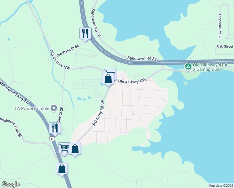 map of restaurants, bars, coffee shops, grocery stores, and more near 109 Shirley Lane in Acworth