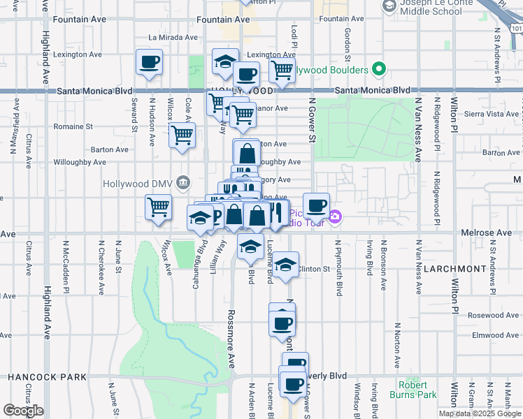 map of restaurants, bars, coffee shops, grocery stores, and more near 5825 Camerford Avenue in Los Angeles