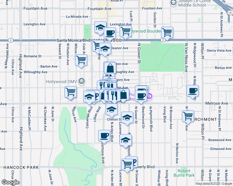 map of restaurants, bars, coffee shops, grocery stores, and more near 5825 Camerford Avenue in Los Angeles