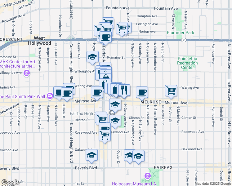 map of restaurants, bars, coffee shops, grocery stores, and more near 729 North Ogden Drive in Los Angeles