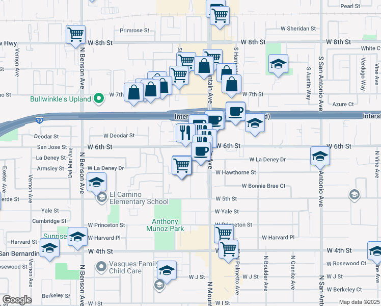 map of restaurants, bars, coffee shops, grocery stores, and more near 1131 West 6th Street in Ontario