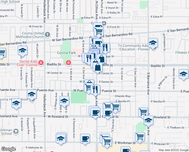 map of restaurants, bars, coffee shops, grocery stores, and more near 211 North Citrus Street in West Covina
