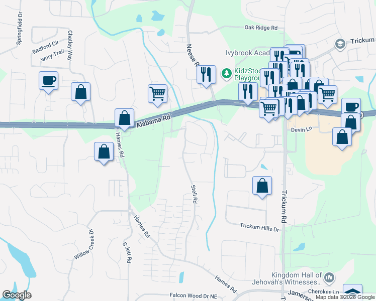 map of restaurants, bars, coffee shops, grocery stores, and more near 539 Stell Road in Woodstock