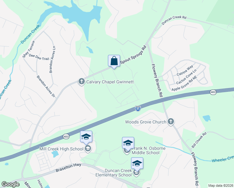 map of restaurants, bars, coffee shops, grocery stores, and more near 4522 Spout Ridge Lane in Buford