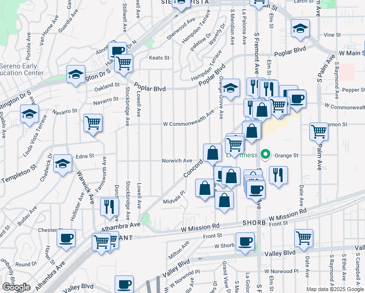 map of restaurants, bars, coffee shops, grocery stores, and more near 815 Winthrop Drive in Alhambra