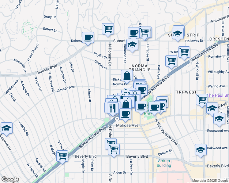 map of restaurants, bars, coffee shops, grocery stores, and more near 9044 Elevado Avenue in West Hollywood