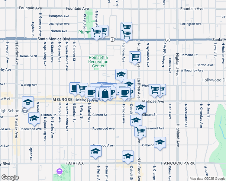 map of restaurants, bars, coffee shops, grocery stores, and more near 726 North Poinsettia Place in Los Angeles