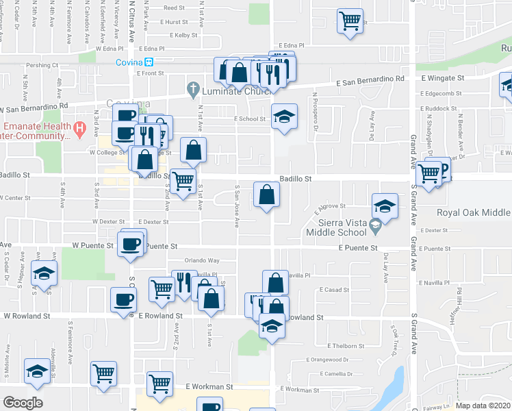 map of restaurants, bars, coffee shops, grocery stores, and more near 440 East Algrove Street in Covina