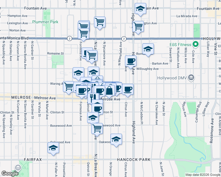 map of restaurants, bars, coffee shops, grocery stores, and more near 743 North Orange Drive in Los Angeles