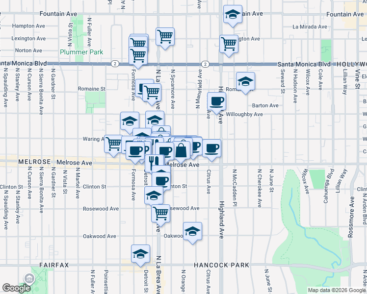 map of restaurants, bars, coffee shops, grocery stores, and more near 732 North Sycamore Avenue in Los Angeles