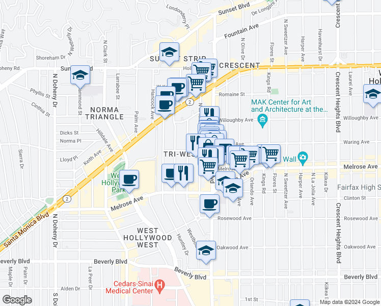 map of restaurants, bars, coffee shops, grocery stores, and more near 801 Westmount Drive in West Hollywood