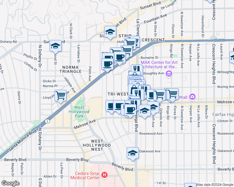 map of restaurants, bars, coffee shops, grocery stores, and more near 8616 Sherwood Drive in West Hollywood