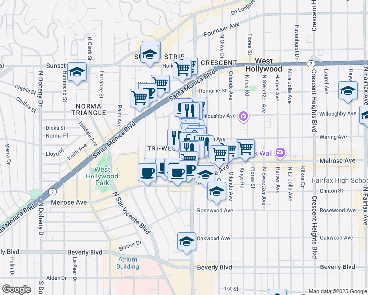 map of restaurants, bars, coffee shops, grocery stores, and more near 8510 Sherwood Drive in Los Angeles