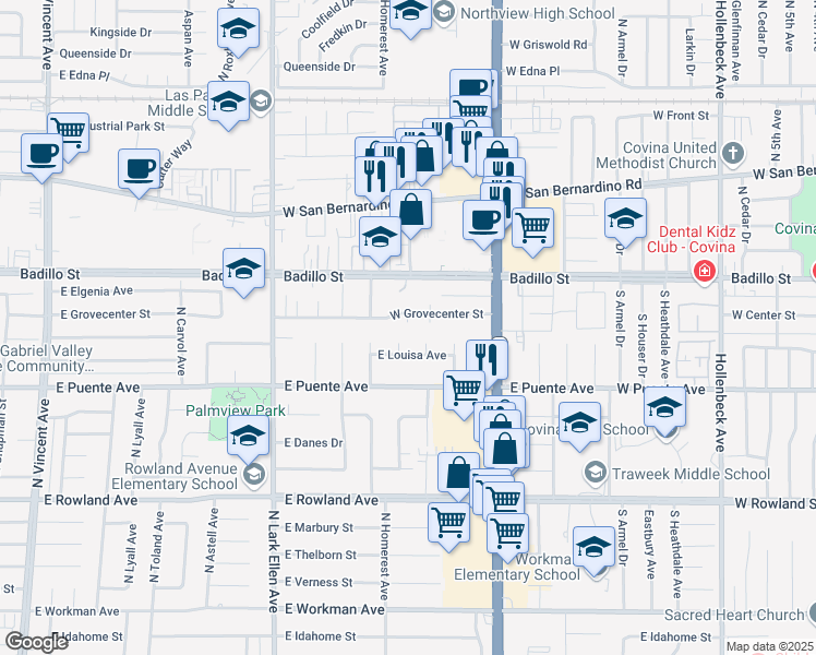 map of restaurants, bars, coffee shops, grocery stores, and more near 216 South Homerest Avenue in Covina