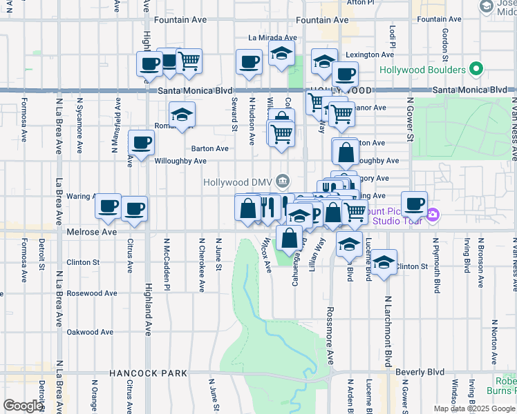 map of restaurants, bars, coffee shops, grocery stores, and more near 742 North Hudson Avenue in Los Angeles