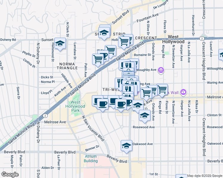 map of restaurants, bars, coffee shops, grocery stores, and more near 8616 Sherwood Drive in West Hollywood