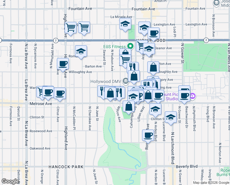 map of restaurants, bars, coffee shops, grocery stores, and more near 742 North Hudson Avenue in Los Angeles