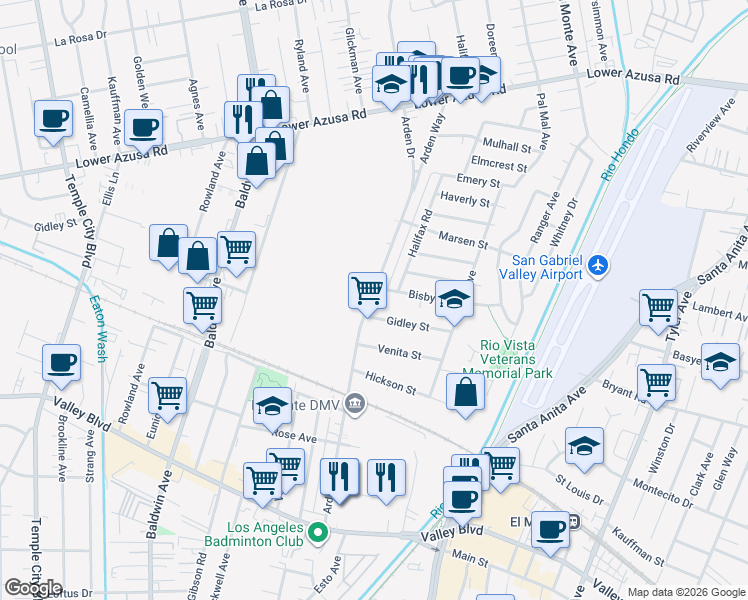 map of restaurants, bars, coffee shops, grocery stores, and more near 4312 Arden Drive in El Monte