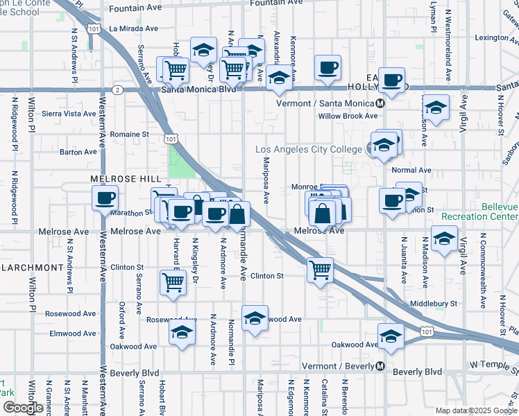 map of restaurants, bars, coffee shops, grocery stores, and more near 710 North Mariposa Avenue in Los Angeles