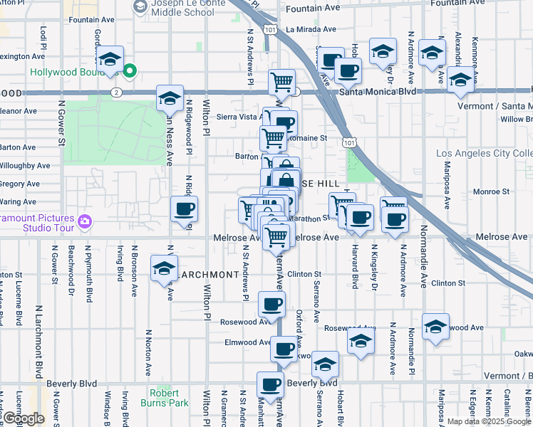 map of restaurants, bars, coffee shops, grocery stores, and more near 5128 Marathon Street in Los Angeles