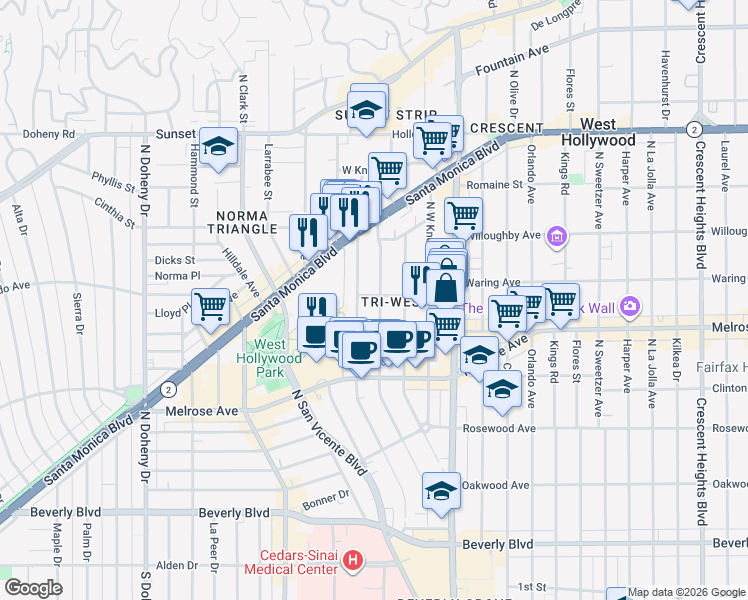 map of restaurants, bars, coffee shops, grocery stores, and more near 735½ Westbourne Drive in West Hollywood