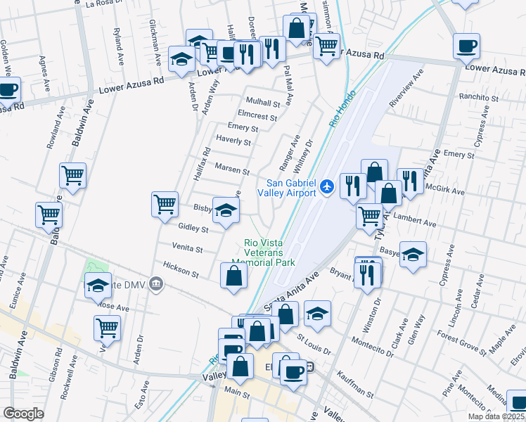 map of restaurants, bars, coffee shops, grocery stores, and more near 4345 Ranger Avenue in El Monte