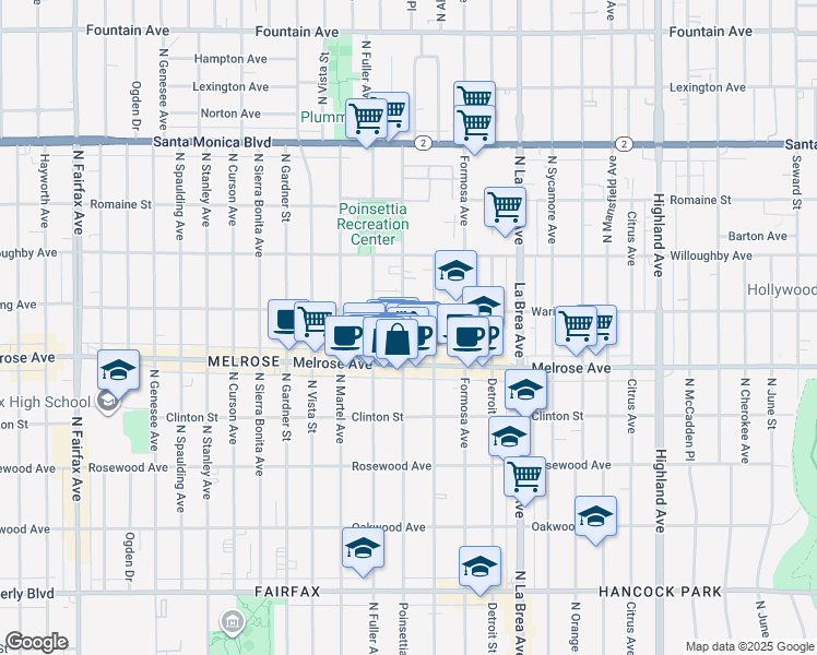 map of restaurants, bars, coffee shops, grocery stores, and more near 726 North Poinsettia Place in Los Angeles