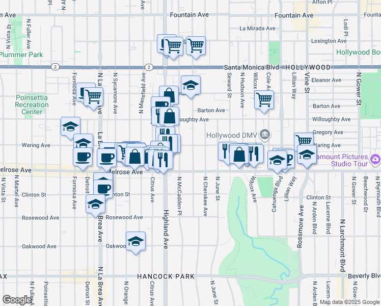 map of restaurants, bars, coffee shops, grocery stores, and more near 733 North Las Palmas Avenue in Los Angeles