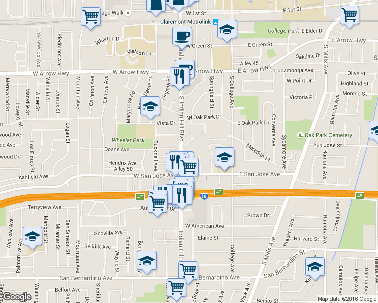 map of restaurants, bars, coffee shops, grocery stores, and more near 600 South Indian Hill Boulevard in Claremont