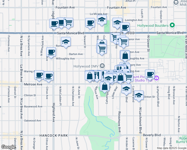map of restaurants, bars, coffee shops, grocery stores, and more near 742 North Hudson Avenue in Los Angeles