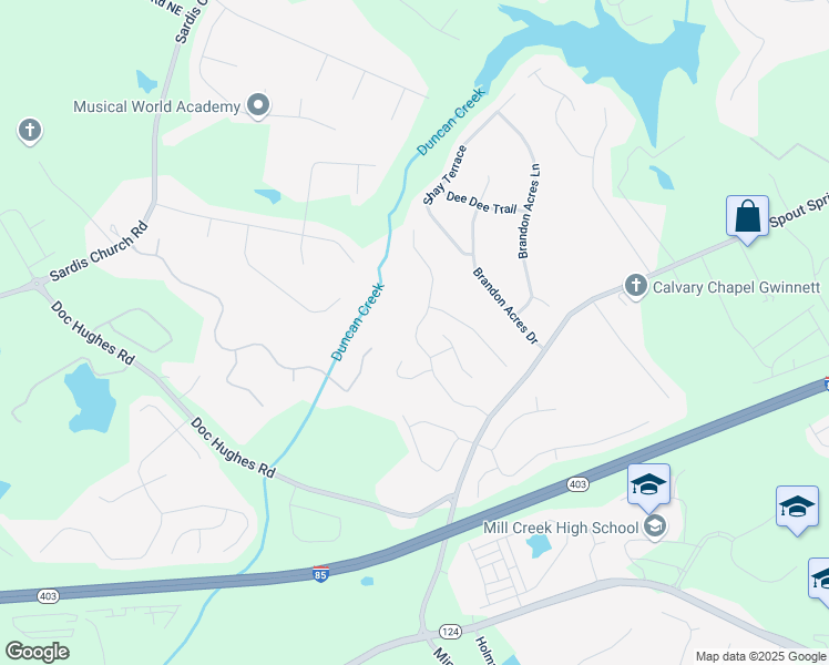 map of restaurants, bars, coffee shops, grocery stores, and more near 2358 Well Springs Drive in Buford