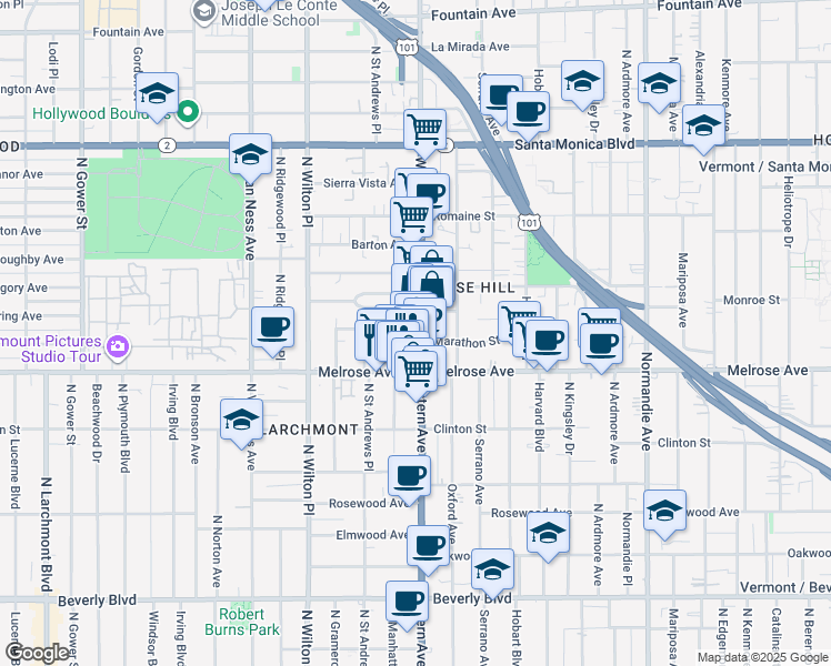 map of restaurants, bars, coffee shops, grocery stores, and more near 743 North Western Avenue in Los Angeles