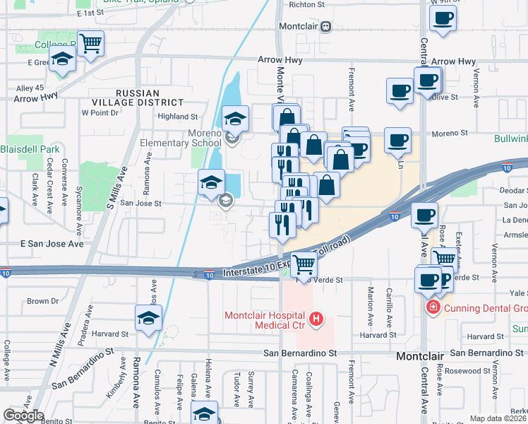 map of restaurants, bars, coffee shops, grocery stores, and more near 9306 Mesa Verde Drive in Montclair